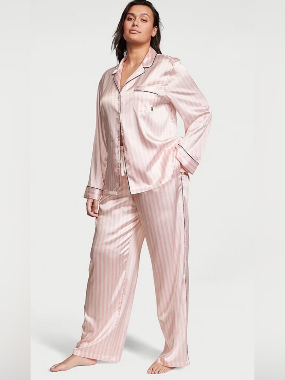 Victoria’s Secret Pink Stripe Satin Long Sleeve Pajama Pants Set XL Short NWOT